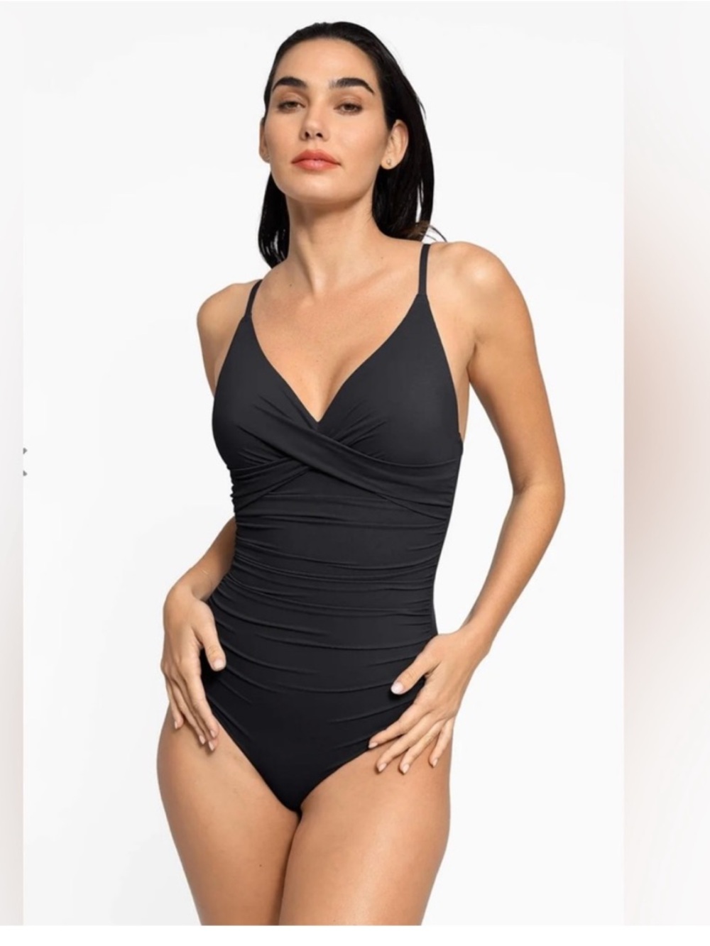 Popilush Shapewear Ruched Cross Front Sculpting One Piece Swimsuit black size L